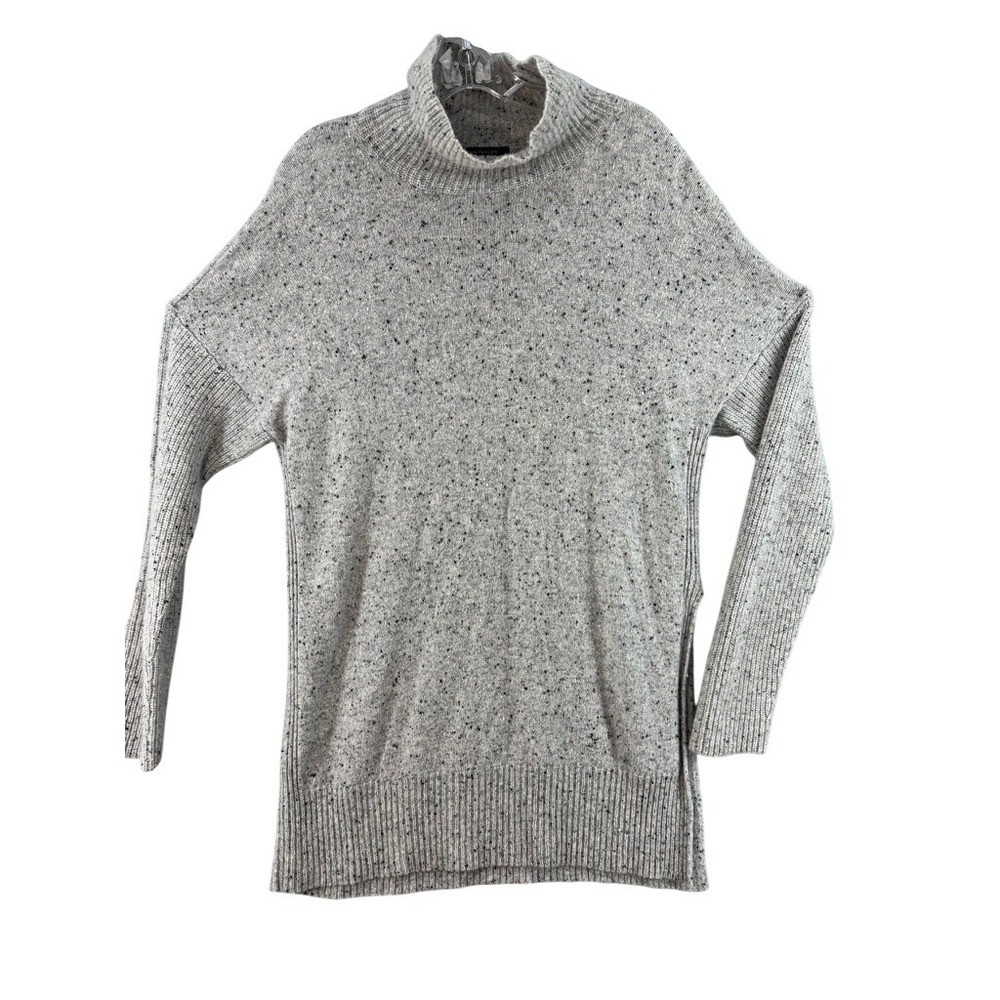 Ann Taylor Cashmere Sweater Women Sz L Gray Speckled Mock Neck Side Slit Relaxed